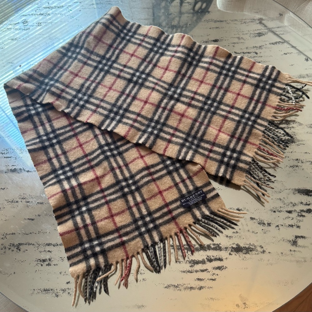 Burberry Plaid Striped Scarf - 50/50 Cashmere & Wool - Beige Black Red - 12x40”